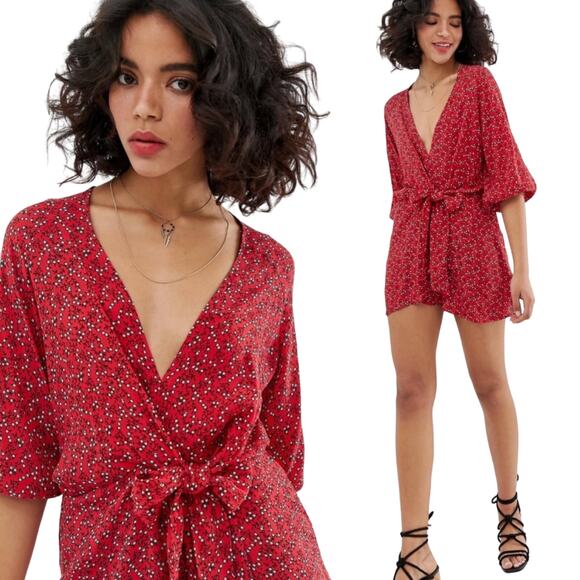 Free People Clara Mini Dress Tie Front Fit & Flare Floral Red Black Womens Small - Picture 1 of 6